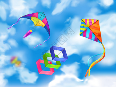 三幅彩色逼真的风筝天空构图多云的天空矢量插图中飞行图片
