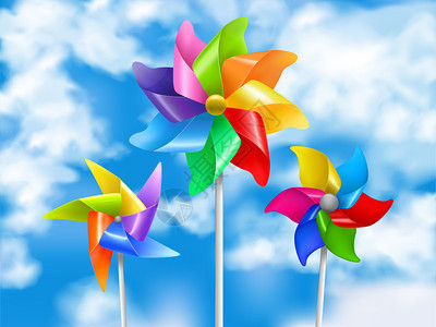 彩色现实的风车玩具天空插图三个大小风格矢量插图图片
