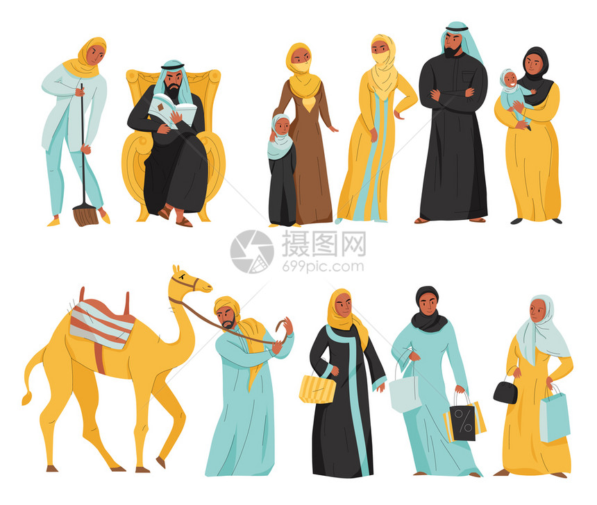扁平阿拉伯人图标妇女头巾阿拉伯男子骆驼矢量插图图片