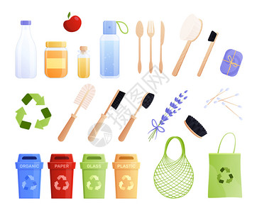 一次性塑料餐具隔离生态商品平图标与同的回收设备的垃圾瓶餐具商品的浴缸身体矢量插图插画
