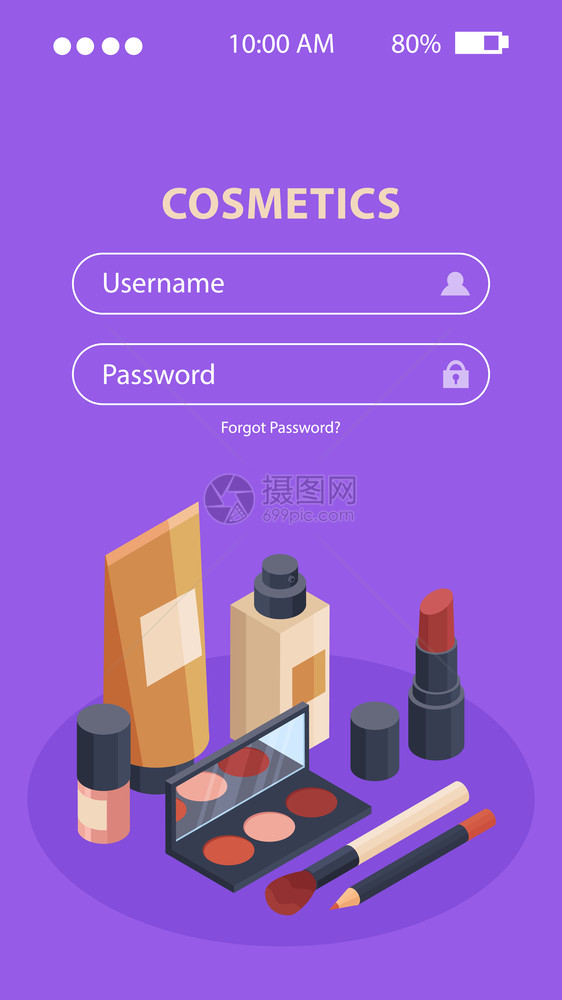 化妆品商店移动应用程序与用户名密码等距矢量插图图片