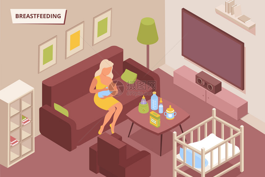 母乳喂养家庭成与等距图像的哺乳母亲婴儿家庭环境与文本矢量插图图片