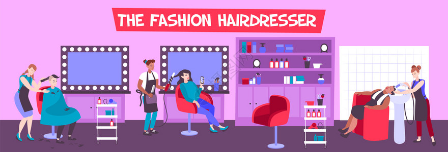 发廊内部与客户理发师创造时尚的发型平矢量插图背景图片