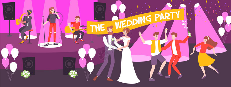 聚会礼服婚礼派餐厅水平横幅与音乐家舞台舞蹈新婚夫妇客人矢量插图插画
