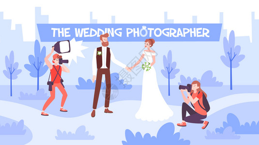 婚纱宣传单婚纱摄影会议平构图与新娘新郎户外两个摄影师用专业设备矢量插图插画