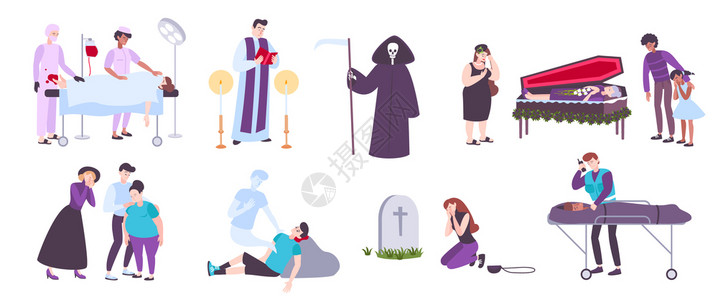 人类死亡葬礼服务墓地哀悼平图标白色背景矢量插图上背景图片