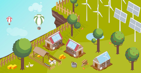 乡村构图与风车太阳能电池气球等距矢量插图图片