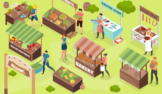 集市等距构图与户外视野的市场摊位销售食品商品与人的人物矢量插图图片