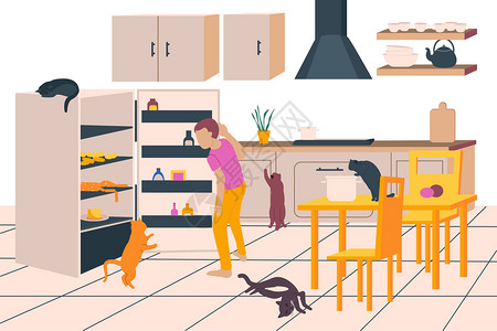 人们与猫吃休息厨房背景平矢量插图图片
