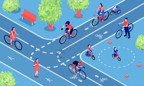 自行车路径自行车友好型城市等距构图,人们骑自行车双向自行车道自行车道矢量插图插画