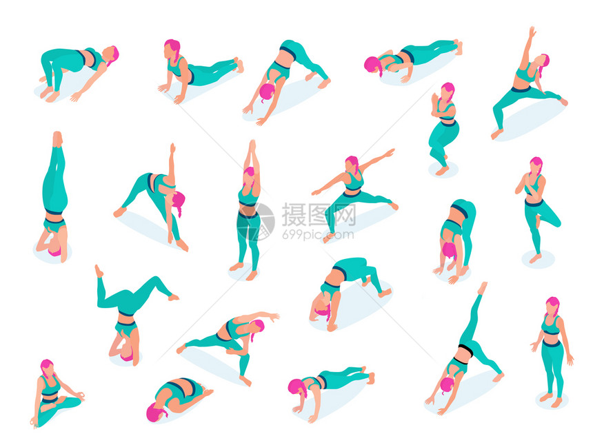 妇女执行伸展健身健身房瑜伽锻炼运动莲花位置等距图标绿色磨损矢量插图图片