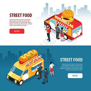 等距街道食品横幅与城市景观背景,人类人物食品卡车货车与文本矢量插图图片
