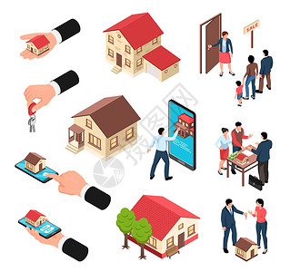 购买房子等距房地产图标集建筑物,人手与房屋钥匙,智能手机人的矢量插图插画