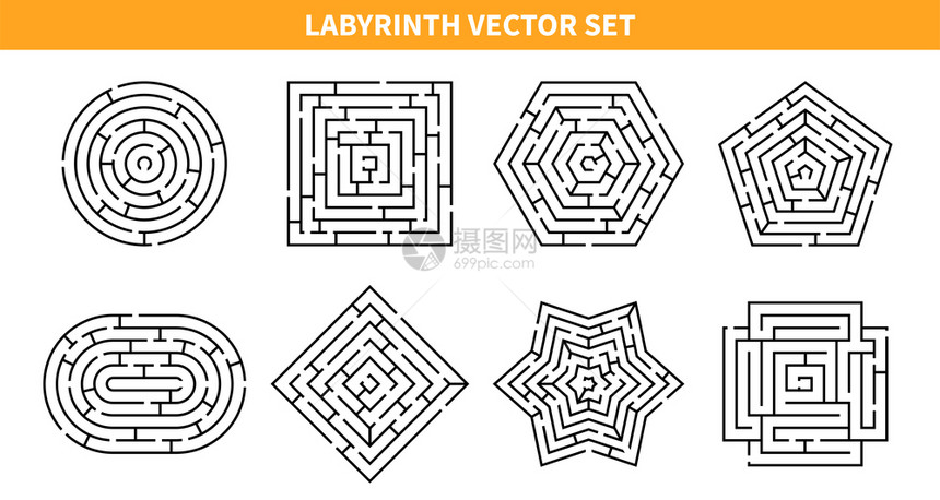 迷宫游戏黑集与八个同形状的孤立迷宫方案的空白背景矢量插图图片