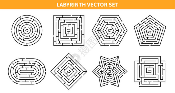 迷宫游戏黑集与八个同形状的孤立迷宫方案的空白背景矢量插图图片