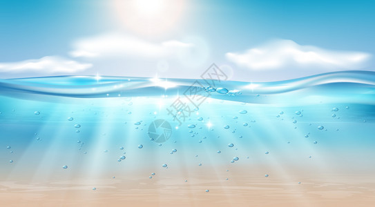 水下海浪景观写实构图与天空阳光与水泡矢量插图图片