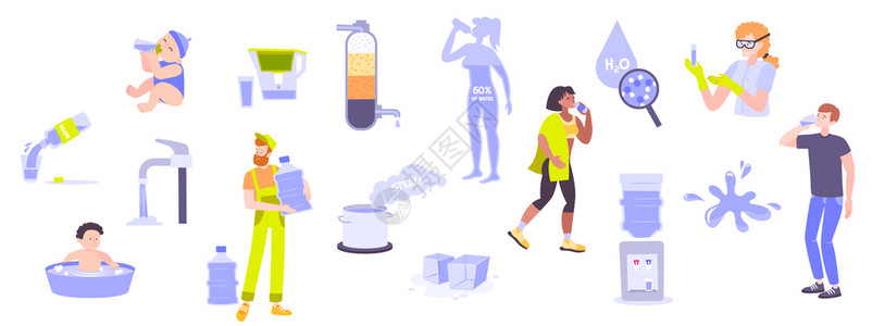 隔离饮用水平人物与瓶子眼镜的纯饮用水矢量插图图片