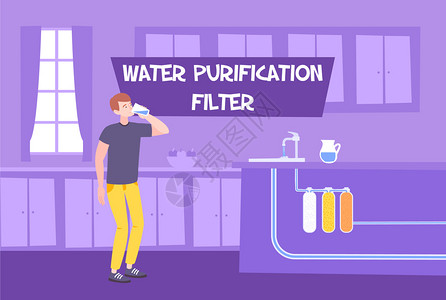净水系统净水过滤器平成室内风景厨房设备安装水过滤系统矢量插图插画