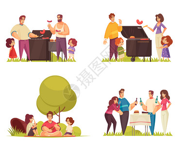 四个烧烤合,扁平的儿童群体,家庭,成人朋友矢量插图图片