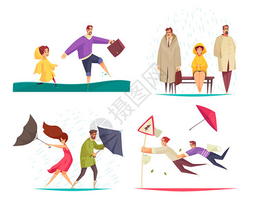 家庭防水恶劣天气4平趣的作文,人们着翻的雨伞,矢量插图插画