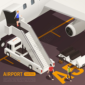 机场等距背景,由飞机简易卡车可点击按钮文本矢量插图成图片