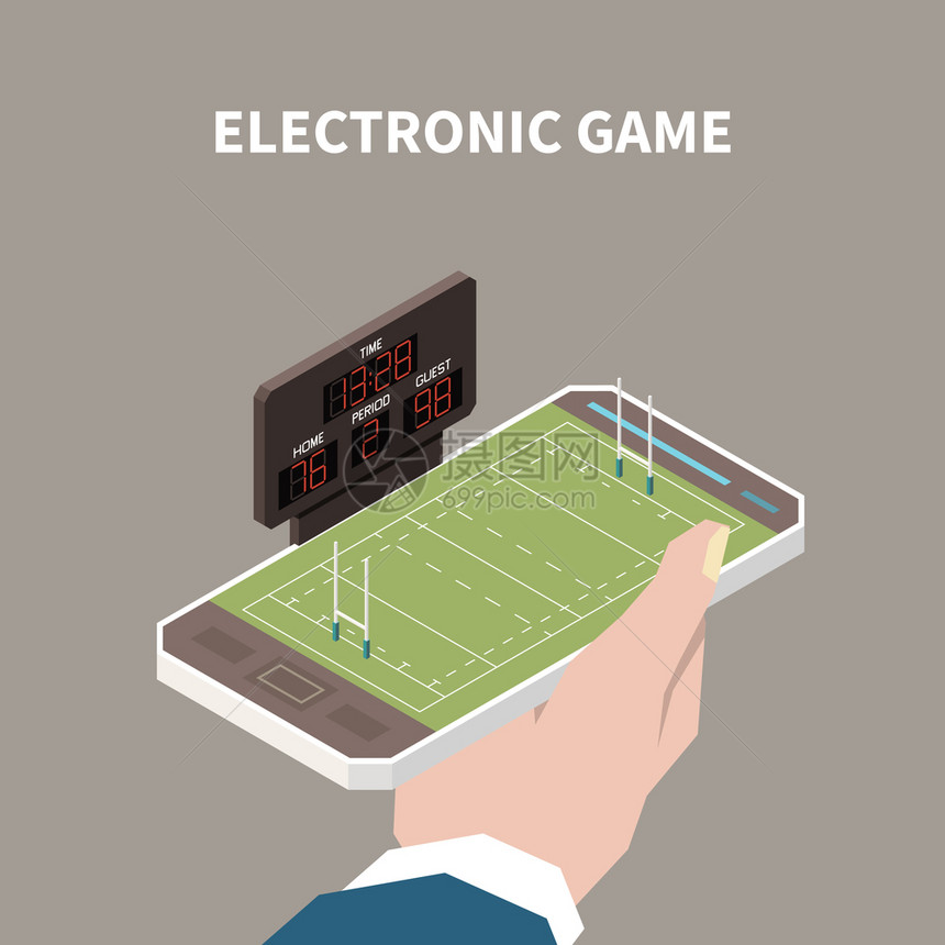 人手智能手机与开放的电子游戏与运动场三维等距矢量插图图片