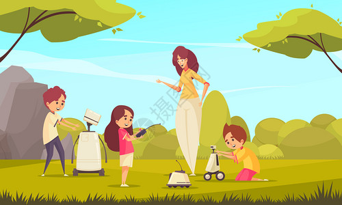 机器人玩具为儿童矢量插图与儿童大自然中玩机器人成妇女的监督下图片