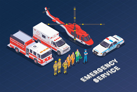 911应急服务等距成与特殊车辆的图像与人员统可编辑的文本矢量插图插画