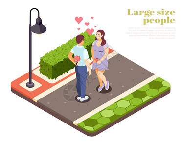 大尺寸的人浪漫的户外约会等距构图与灯笼下的情侣飞心符号矢量插图图片