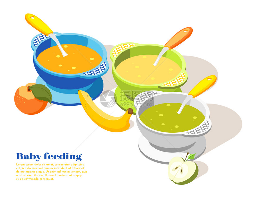 婴儿幼儿幼儿健康食品,提供等距背景成与香蕉苹果泥碗矢量插图图片