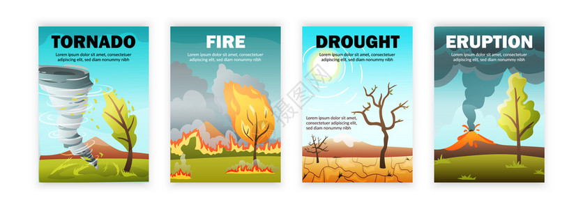 四个垂直自然灾害海报与可编辑的文本户外景观与灾难矢量插图插画