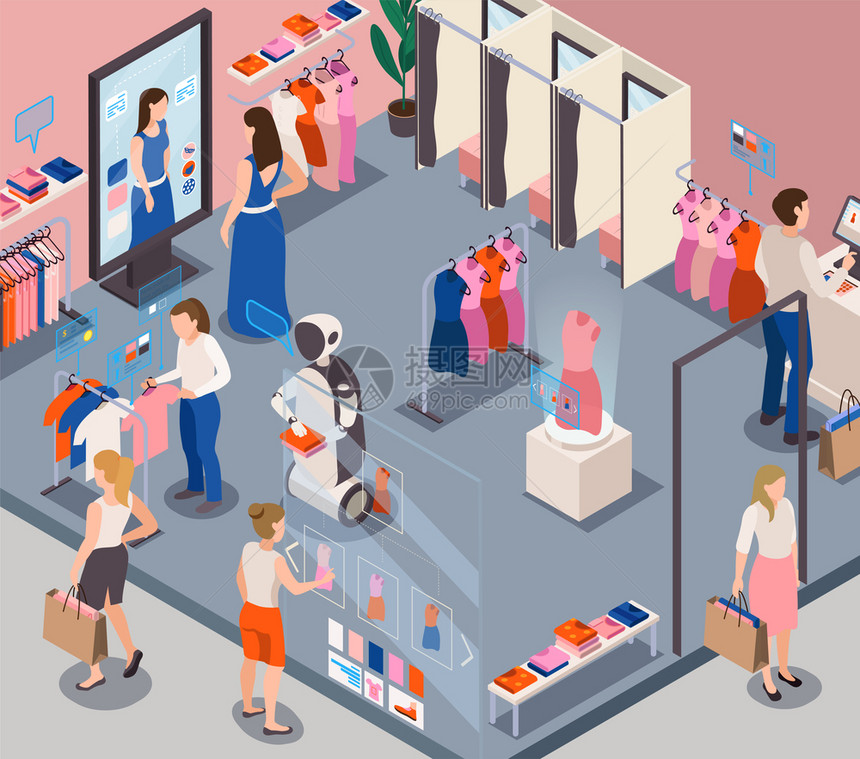 现代时尚商店零售服务机器人提供个人客户帮助推荐服装选择等距构图矢量插图图片