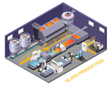 璃生产等距成的文本室内风景与生产线自动输送机与机械手矢量插图背景图片