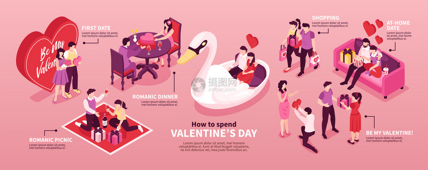 情人节消费提示浪漫野餐餐厅晚餐呈现约会水平信息图表成粉红色背景矢量插图图片
