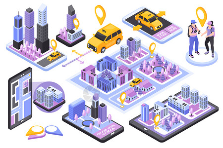 出租车换乘预订服务等距与智能手机导航应用程序3D客户黄色汽车矢量插图图片