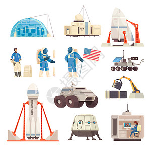 美国宇航员火星探索殖民任务平图标收集与航天器宇航员太空服与漫游者矢量插图插画