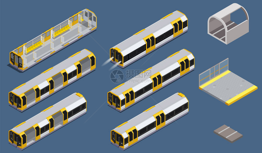 等距图标与彩色地铁元素隔离蓝色背景矢量插图图片