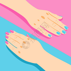 美甲促销宣传单指甲等距背景与女手与粉红色蓝色指甲三维孤立矢量插图插画