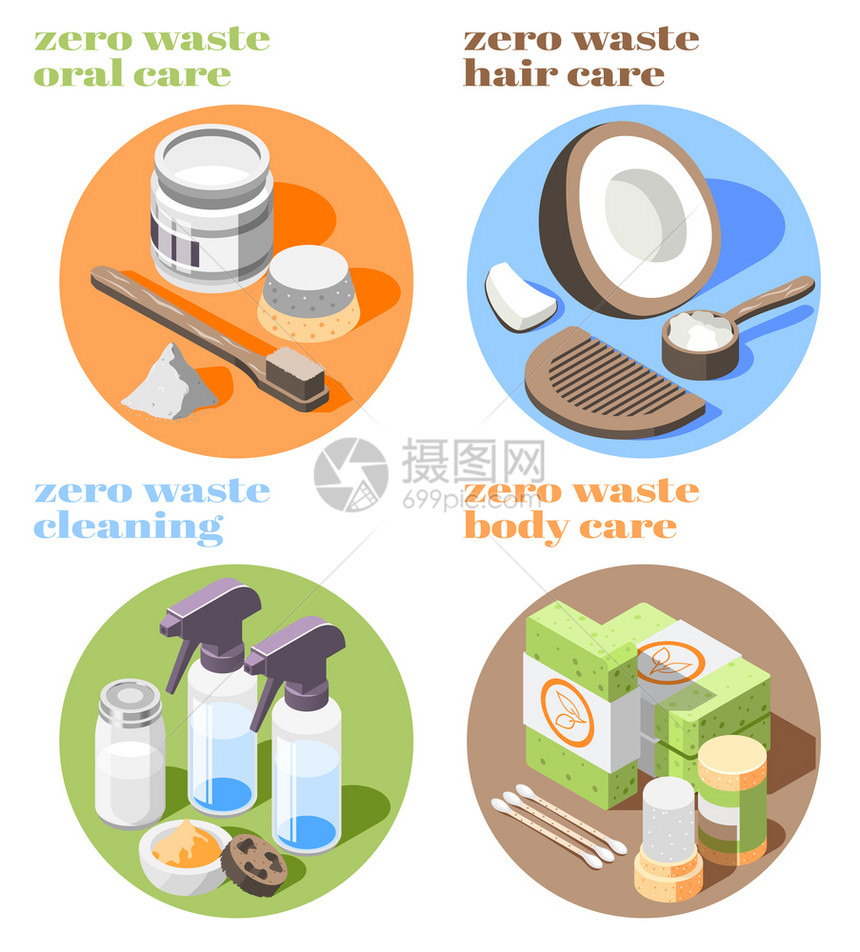 等距图标零废物产品,用于清洁身体头发护理三维孤立矢量插图图片