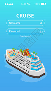海上邮轮预订移动应用程序与用户名密码输入轮图像等距矢量插图背景图片