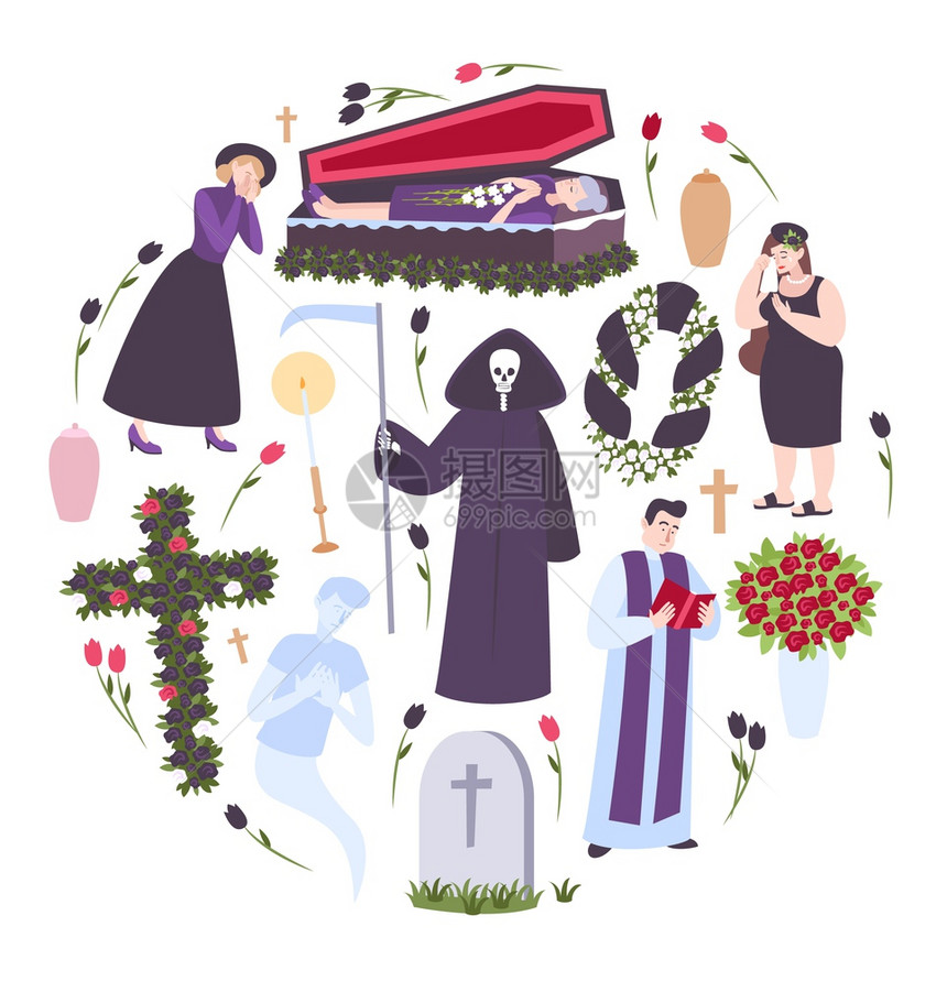 葬礼圆形构图与悲伤的人墓碑牧师棺材与死者图标矢量插图图片