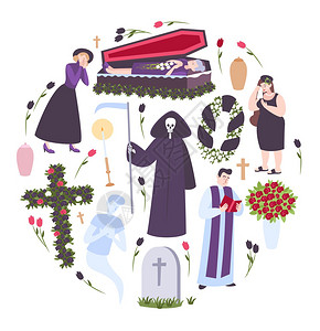 葬礼服务葬礼圆形构图与悲伤的人墓碑牧师棺材与死者图标矢量插图插画