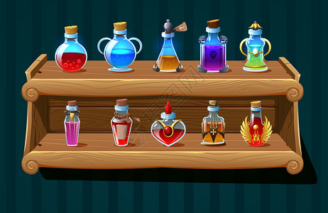 炼金瓶子与魔法药水药木制架子上真实的背景矢量插图插画
