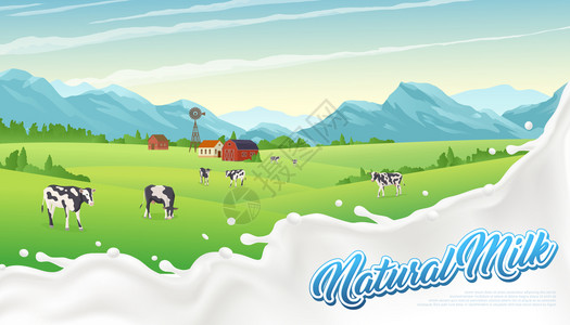 乡村景观飞溅牛奶海报与液体牛奶滴可编辑文本户外风景与奶牛矢量插图背景图片