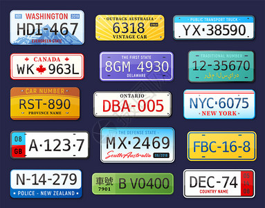 美国车牌真实的汽车号码与彩色图像的汽车车牌与可编辑的文本矢量插图插画