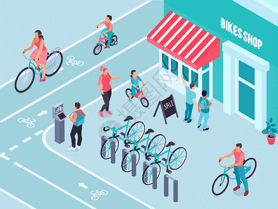自行车店等距背景与自行车公园户外销售广告牌游客矢量插图图片