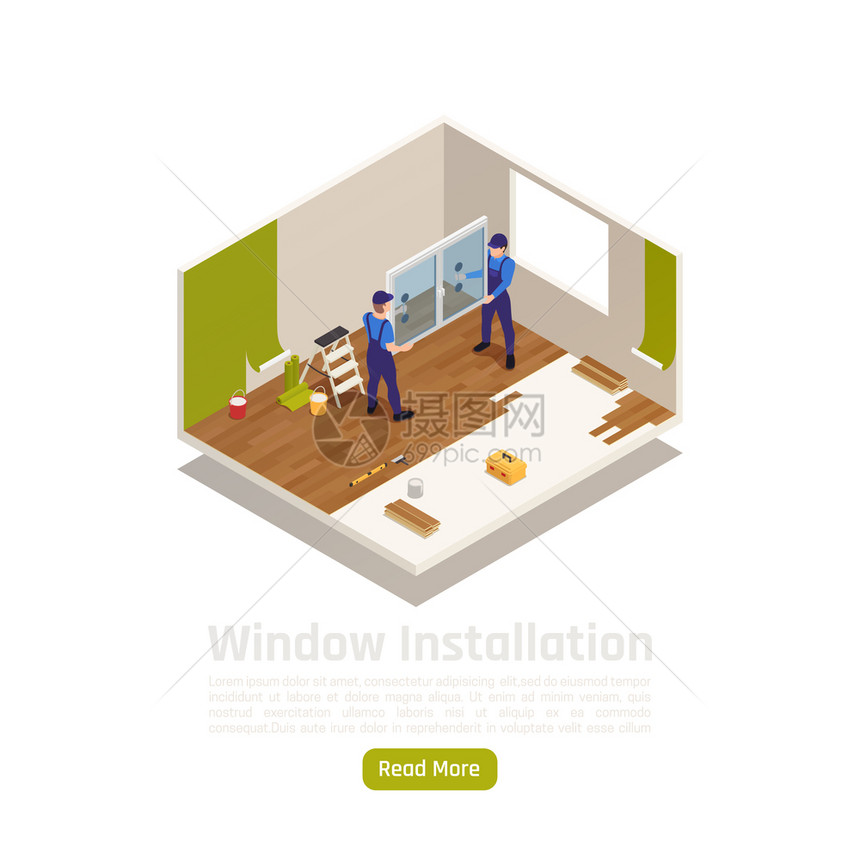 房屋公寓房间改造等距室内视图与PVC璃窗安装网页矢量插图图片
