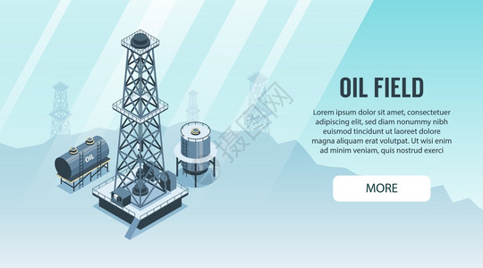 石油存储等距石油工业水平横幅成与可点击更多按钮文本油井井架矢量插图插画