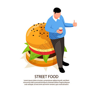 胖子吃汉堡等距街道食品胖子背景与文本成汉堡图像脂肪男字符矢量插图插画