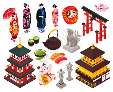 日本神道教建筑等距日本旅游集与建筑项目传统服装的人空白背景矢量插图插画